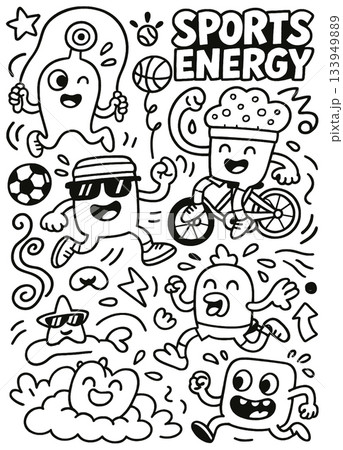 Sports energy cartoon character, happy doodle, soccer, cycling, running, playful, energetic mood 133949889
