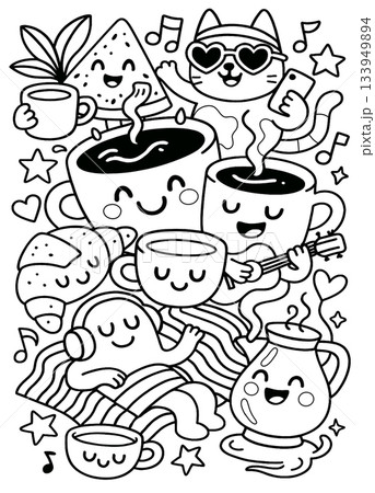 Coffee cup croissant cat watermelon music happy cartoon black and white doodle Coffee cup croissant cat watermelon music happy cartoon black and white doodle 133949894