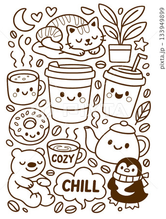 Cozy cat coffee cup donut bear penguin teapot plant and coffee beans cheerful mood 133949899
