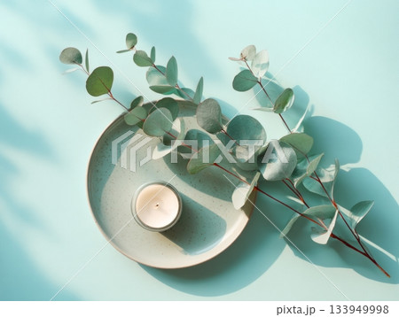Spa decor with eucalyptus and candle on blue surface Spa decor with eucalyptus and candle on blue surface 133949998