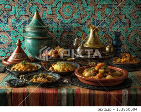 Colorful Moroccan table with tagine Colorful Moroccan table with tagine 133950004