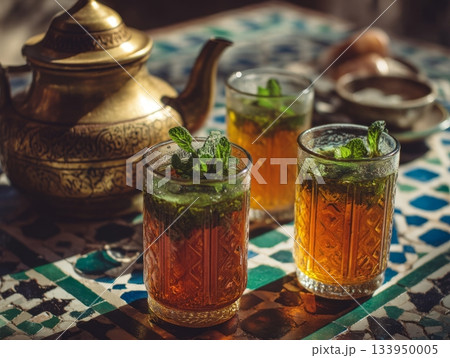 Traditional Tunisian mint tea setup Traditional Tunisian mint tea setup 133950005