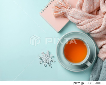 Pastel Winter Flat Lay with Tea and Scarf Pastel Winter Flat Lay with Tea and Scarf 133950010