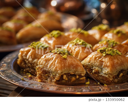 Sweet oriental baklava with pistachios 133950062