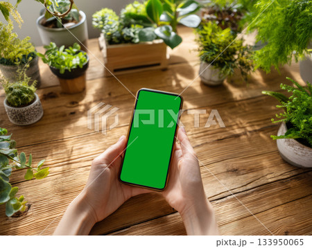 Smartphone mockup in green eco workspace 133950065