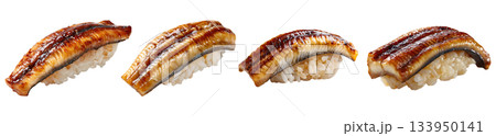 Set of fresh Anago, freshwater eel nigiri sushi isolated on transparent background. 133950141
