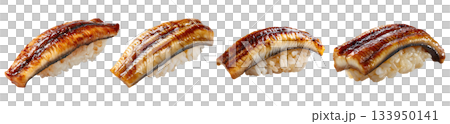 Set of fresh Anago, freshwater eel nigiri sushi isolated on transparent background. 133950141