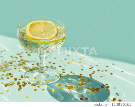 Sparkling drink with lemon and confetti 133950163