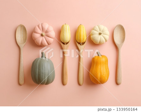 Mini pumpkins and corn on peach background 133950164