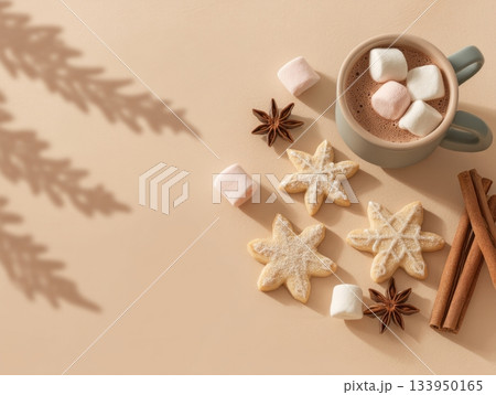 Minimal pastel Christmas composition with cocoa, cinnamon sticks 133950165