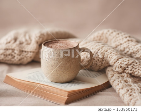 Mug of cocoa with open book 133950173