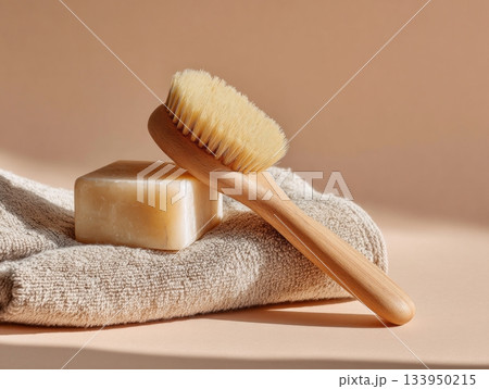 Cozy minimal composition with body brush, soap and linen towel Cozy minimal composition with body brush, soap and linen towel 133950215