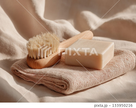 Cozy minimal composition with body brush, soap and linen towel Cozy minimal composition with body brush, soap and linen towel 133950216