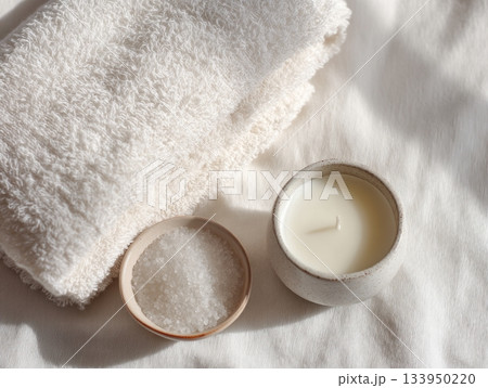 Minimal white spa setup with towel and sea salt Minimal white spa setup with towel and sea salt 133950220