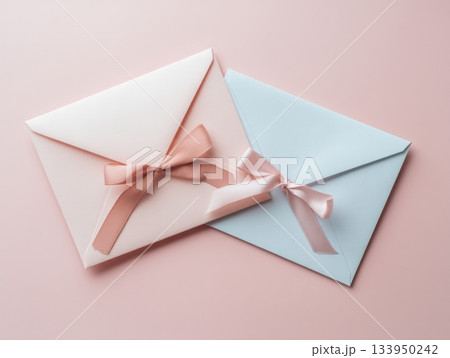 Minimal romantic flat lay with tied envelopes and silk ribbons 133950242