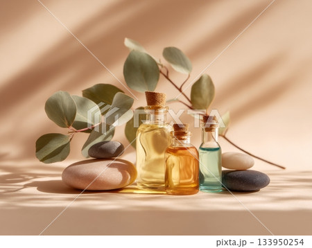 Aromatherapy oils with stones and eucalyptus 133950254