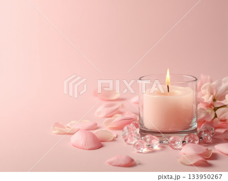 Romantic candle with rose petals on pastel background Romantic candle with rose petals on pastel background 133950267