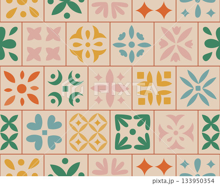 Watercolor botanical ornamental pastel color tile seamless pattern. Floral bohemian vector wall, floor, fabric design. Watercolor botanical ornamental pastel color tile seamless pattern. Floral bohemian vector wall, floor, fabric design. 133950354