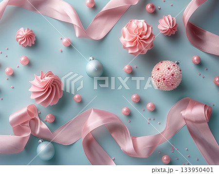 Geometric pastel ornaments and satin ribbon on mint background, minimal product 133950401