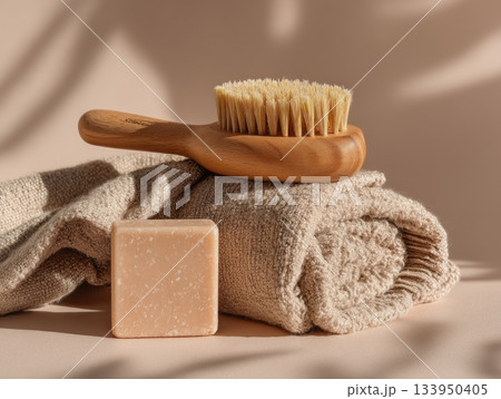 Minimal spa flat lay with wooden brush, handmade soap and towel Minimal spa flat lay with wooden brush, handmade soap and towel 133950405