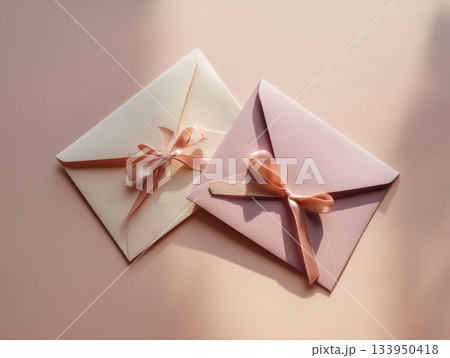 Two pastel envelopes tied with silk ribbon on blush background 133950418