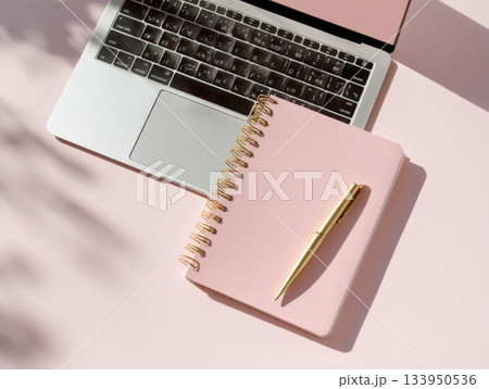 Elegant minimal flat lay with laptop and golden pen Elegant minimal flat lay with laptop and golden pen 133950536