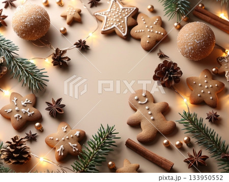 Gingerbread cookies with pine branches and cinnamon sticks on cream background, Gingerbread cookies with pine branches and cinnamon sticks on cream background, 133950552