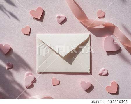 Romantic envelope with silk ribbon and paper hearts 133950565