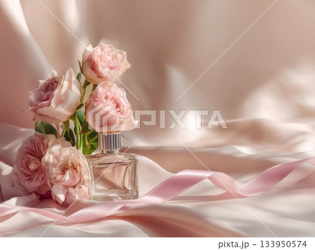 Perfume bottle with pink roses 133950574