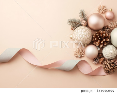 Pastel Christmas Flat Lay with Ornaments and Ribbon 133950655