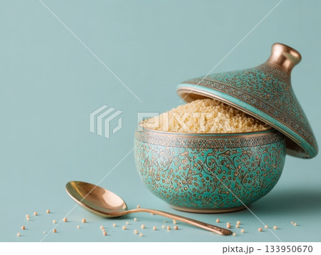 Moroccan Tagine with Couscous Flat Lay Moroccan Tagine with Couscous Flat Lay 133950670