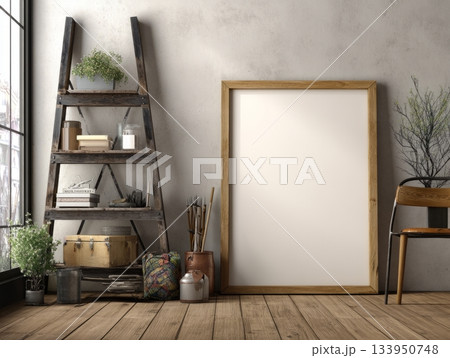 Vintage Loft Poster Mockup with Plants and Rustic Decor 133950748