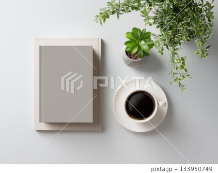 Minimal Open Magazine Mockup with Coffee and Greenery on White Desk 133950749
