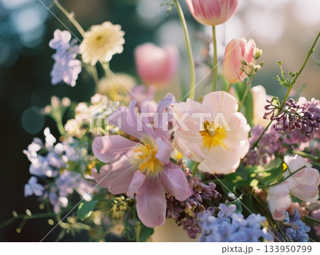 Close-Up Spring Flowers with Tulips and Daisies Close-Up Spring Flowers with Tulips and Daisies 133950799