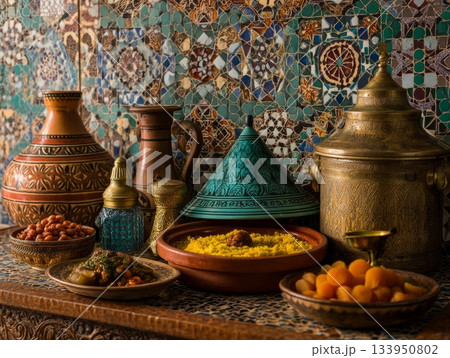 Moroccan table with traditional dishes Moroccan table with traditional dishes 133950802