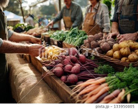 Farmers selling fresh vegetables outdoors 133950805