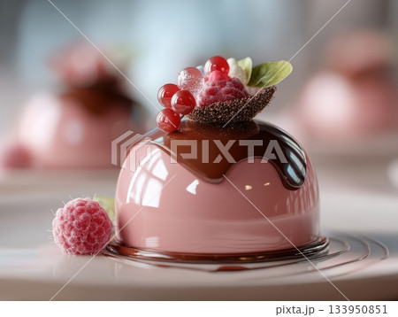 Pink glossy mousse dessert with chocolate glaze and berry topping 133950851