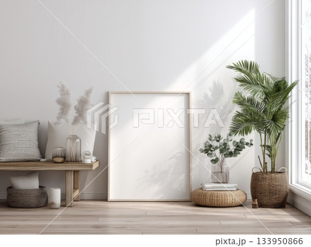 Natural interior with white wall, poster mockup, ceramic vases and cotton flowers Natural interior with white wall, poster mockup, ceramic vases and cotton flowers 133950866