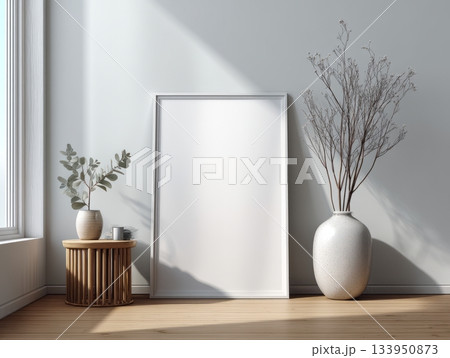 Modern Scandinavian poster frame mockup in minimal interior Modern Scandinavian poster frame mockup in minimal interior 133950873