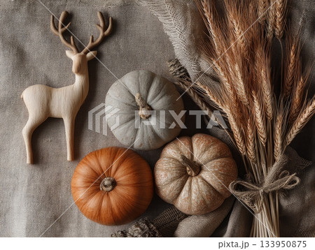 Rustic autumn still life with pumpkins and wheat 133950875