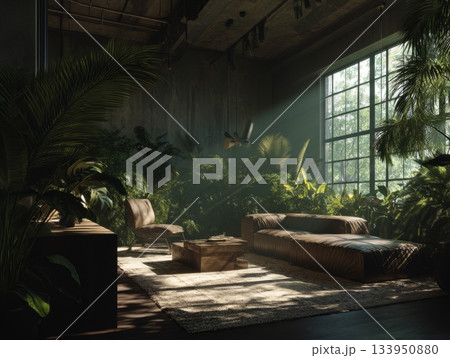 Sunlit biophilic interior with lush greenery and cozy seating nook Sunlit biophilic interior with lush greenery and cozy seating nook 133950880