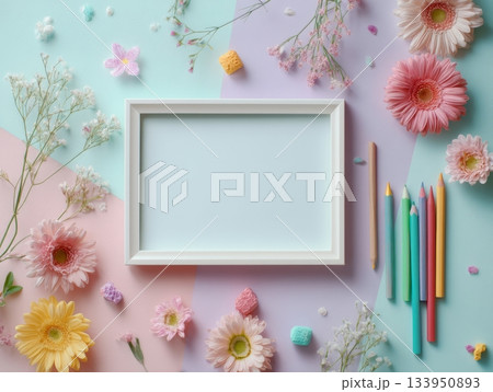 Cherry blossom frame mockup on pastel pink background Cherry blossom frame mockup on pastel pink background 133950893