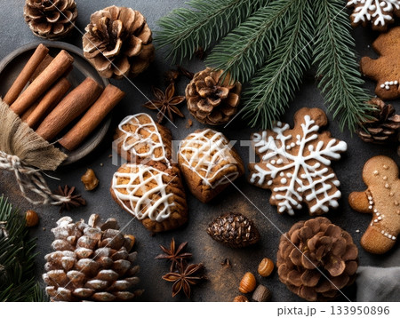 Christmas cookies with cinnamon sticks and pine on rustic wooden table 133950896