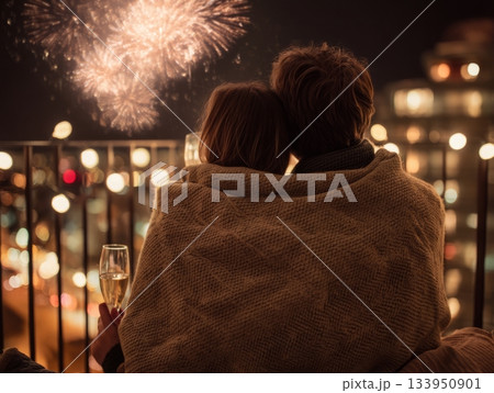 Romantic winter night with fireworks and champagne Romantic winter night with fireworks and champagne 133950901