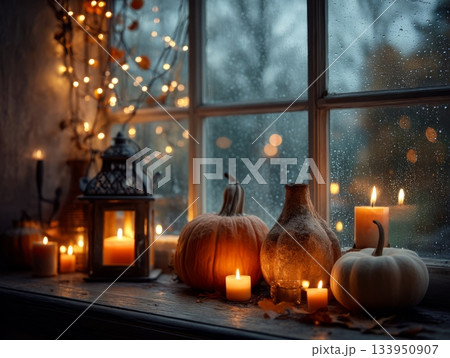 Cozy autumn window scene with pumpkins, candles and rainy atmosphere 133950907
