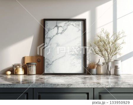 Framed Posters on Marble Kitchen Countertop 133950929