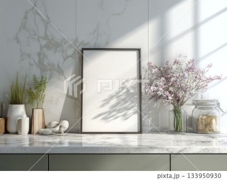 Modern Kitchen Framed Poster on Marble Countertop 133950930