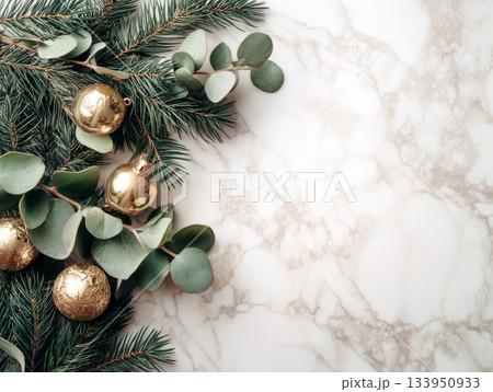Elegant Christmas Decoration with Gold Baubles on Marble Background Elegant Christmas Decoration with Gold Baubles on Marble Background 133950933