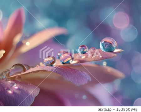 Colorful Dewdrops on Flower Petals with Blue Bokeh 133950948