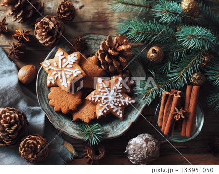 Gingerbread men with cinnamon and pinecones on dark background 133951050